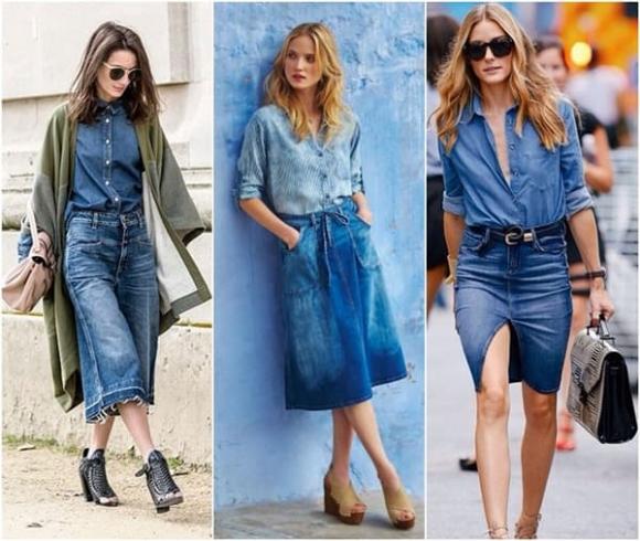 váy denim, áo sơ mi, cách kết hợp chân váy denim