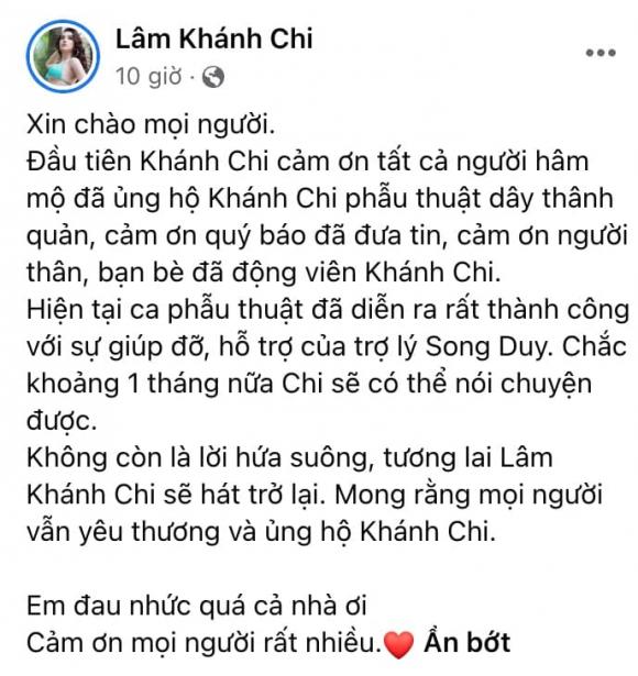 Lâm Khánh Chi thông báo tình hình sức khỏe sau khi phẫu thuật dây thanh quản.