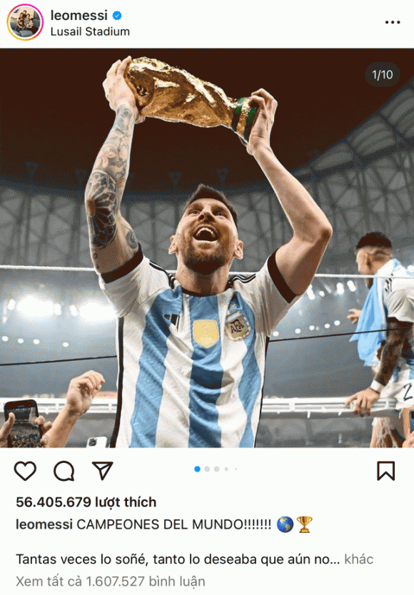 Cùng ngắm ảnh Messi cầm trên tay chiếc cúp World Cup, khiến rất nhiều fan hâm mộ chạm ngưỡng trở thành vô địch. Một khoảnh khắc đáng nhớ được ghi dấu trong lịch sử bóng đá thế giới.