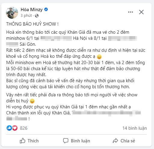 Hòa minzy,hòa minzy hủy show,sao việt