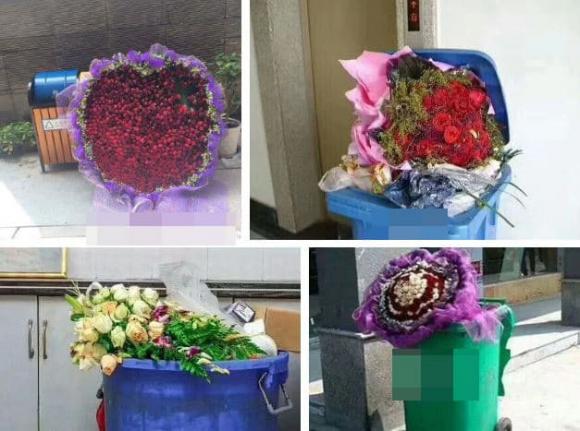 thùng rác, vứt hoa vào thùng rác, hoa ngày lễ tình nhân 
