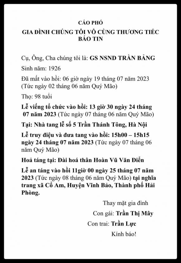  NSND Trần Bảng,  NSND Trần Bảng qua đời, bố NSƯT Trần Lực