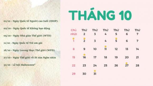 Tháng 10, ngày lễ tháng 10, tháng 10 có ngày lễ gì