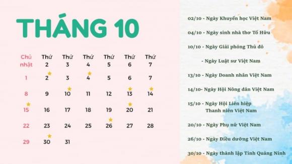 Tháng 10, ngày lễ tháng 10, tháng 10 có ngày lễ gì