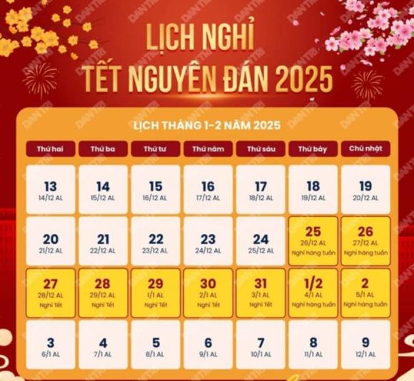 Lịch nghỉ Tết Nguyên đán Ất Tỵ 2025