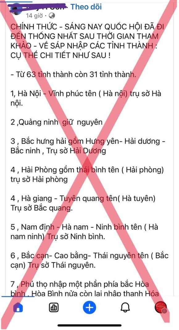 Đưa tin sai sự thật về việc sáp nhập tỉnh thành, đăng tải thông tin sai sự thật