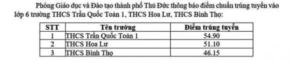 điểm thi, điểm chuẩn lớp 6, trường THCS Trần Quốc Toản 1, trường THCS Hoa Lư, trường THCS Bình Thọ