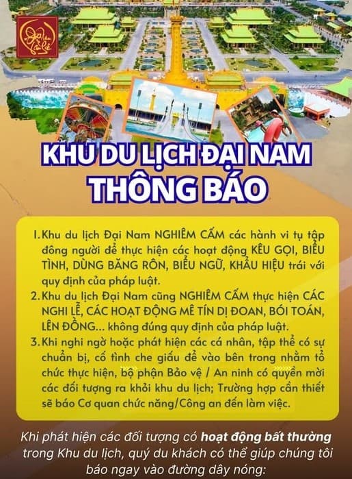 Đại Nam, khu du lịch Đại Nam, thông báo