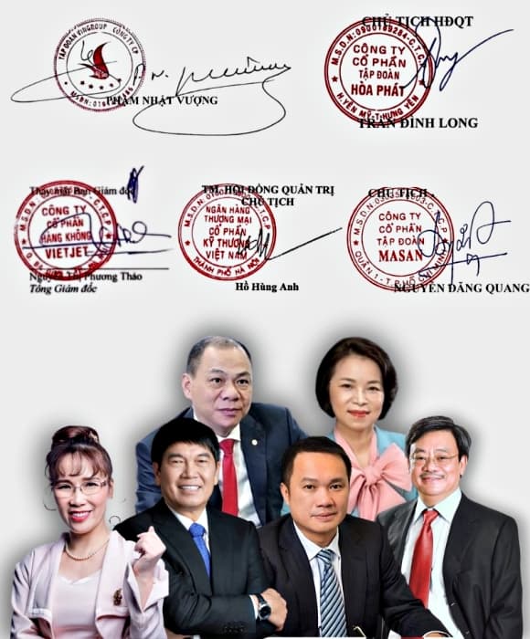 chữ ký, tỷ phú Việt, Phạm Nhật Vượng, Trần Đình Long, Nguyễn Thị Phương Thảo, Hồ Hùng Anh 